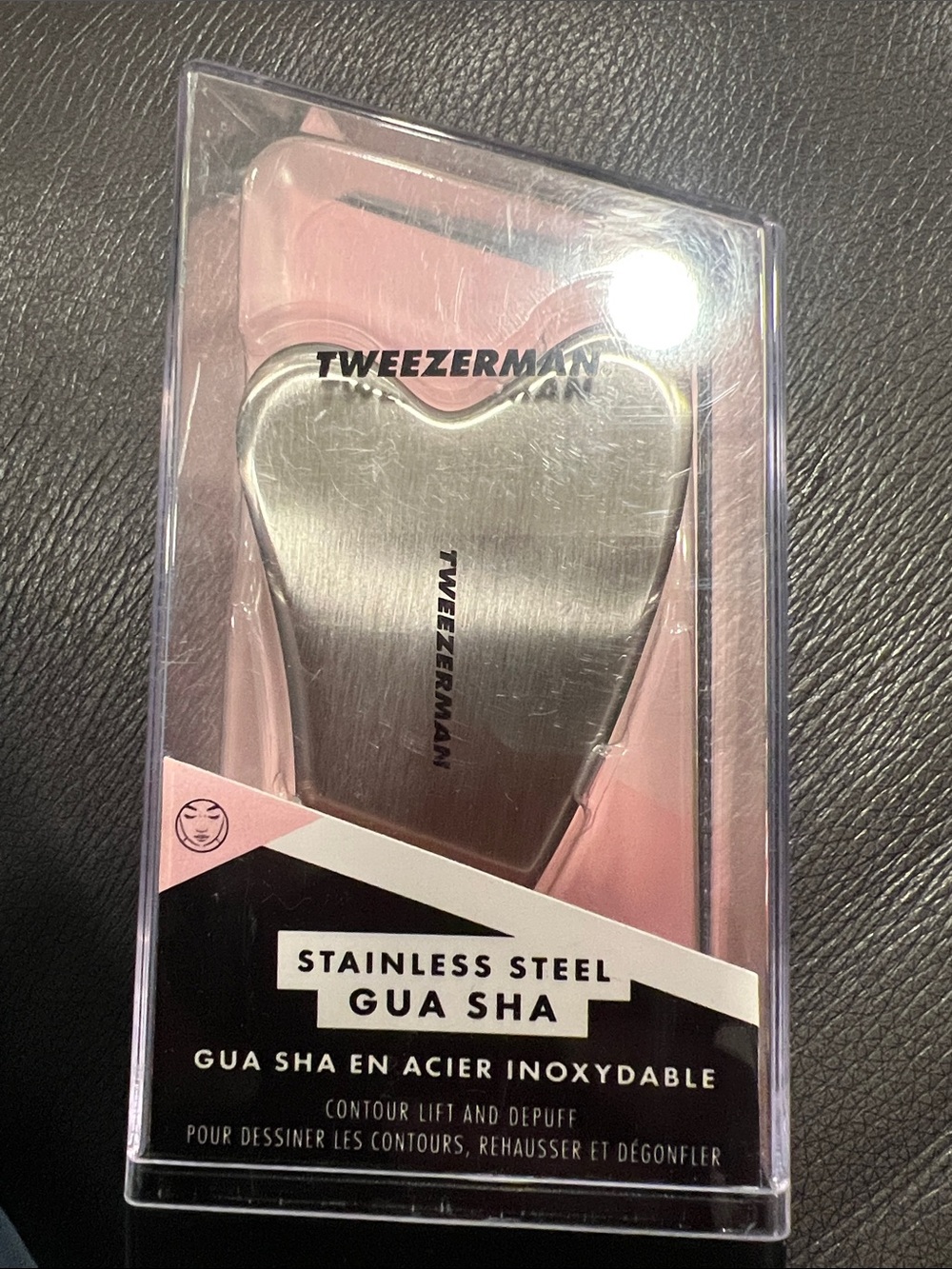 Tweezerman Stainless Steel Gua Sha – Pink & Silver Facial Sculpting. Free gift.